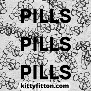 grey box with drawing of tablets cascading down. in large font across this reads "Pills, pills, pills."