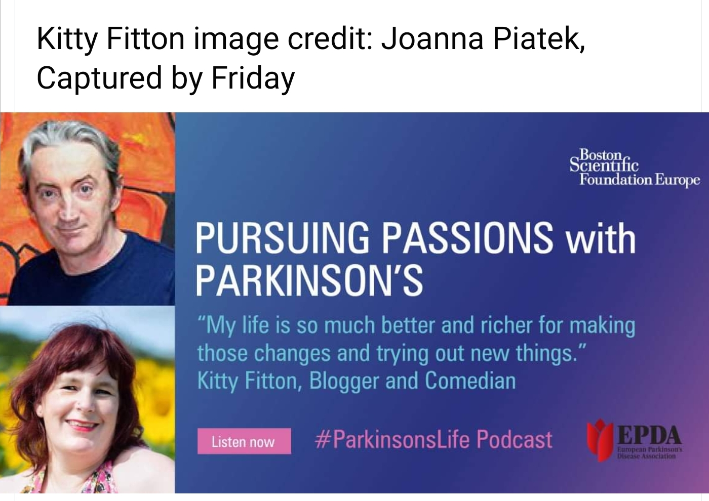 image shows an image of a man and a woman on the left and a blue block on the right with an advert for the podcast 'pursuing passions with parkinsons.'
